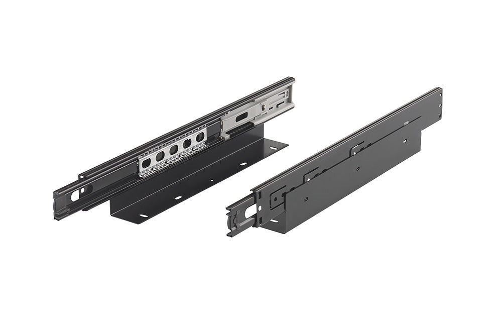 A pair of black metal drawer slide tracks with bottom-mounting L-brackets is displayed on a plain white background. The left slide reveals the inner mechanism with ball bearings and soft-close hardware, while the right slide shows the smooth outer side.