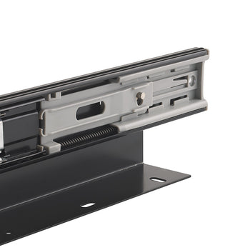 A close-up shot details the intricate mechanical components of a black metal drawer slide. The assembly highlights steel ball bearings, a grey plastic soft-close mechanism, and an L-shaped mounting bracket with pre-drilled holes.
