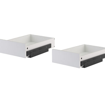 Two empty white drawer organizers with black metal sliding hardware are shown side-by-side on a plain white background. The drawers are angled to showcase their spacious interiors and sliding mechanisms on the sides.