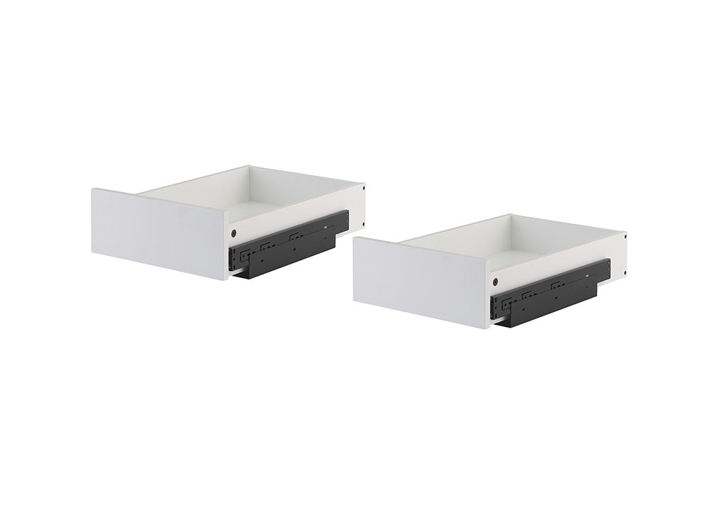 Two empty white drawer organizers with black metal sliding hardware are shown side-by-side on a plain white background. The drawers are angled to showcase their spacious interiors and sliding mechanisms on the sides.