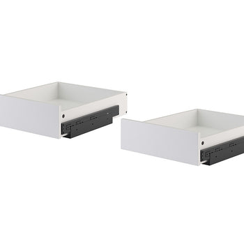 Two empty white pull-out drawer organizers are displayed side-by-side against a plain white background. Each drawer features sturdy black side-mounting glides designed for smooth extension.