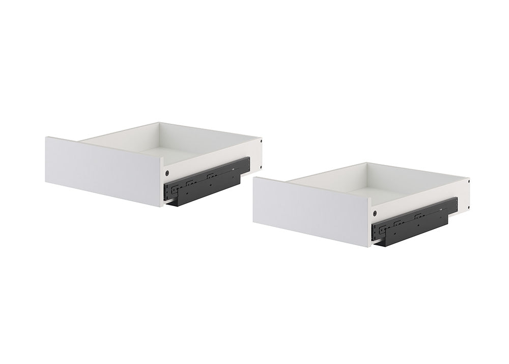 Two empty white pull-out drawer organizers are displayed side-by-side against a plain white background. Each drawer features sturdy black side-mounting glides designed for smooth extension.