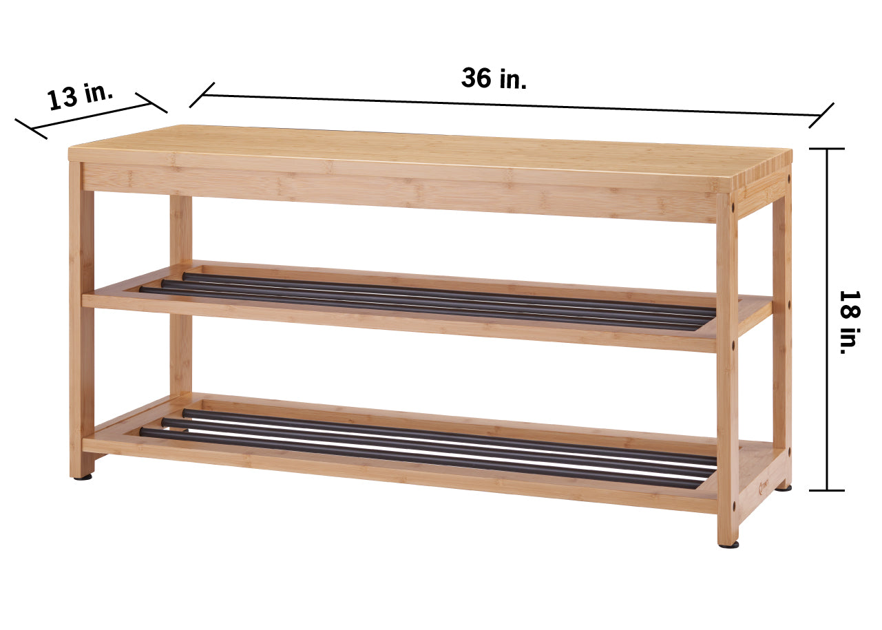 A three-tier bamboo shoe bench features a solid light-wood top and two lower slatted shelves with black metal bars. Dimensional lines indicate the unit is 36 inches wide, 18 inches high, and 13 inches deep.