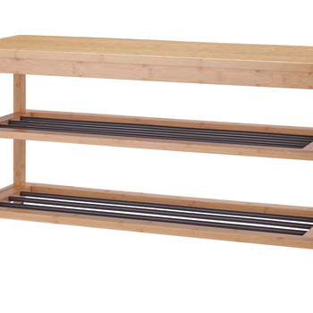 A simple, two-tiered bamboo shoe rack with a flat top that can also be used as a bench. The shelves feature black metal bars for holding shoes.