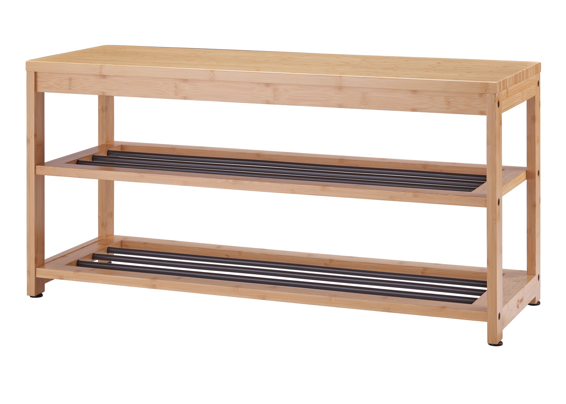 A simple, two-tiered bamboo shoe rack with a flat top that can also be used as a bench. The shelves feature black metal bars for holding shoes.