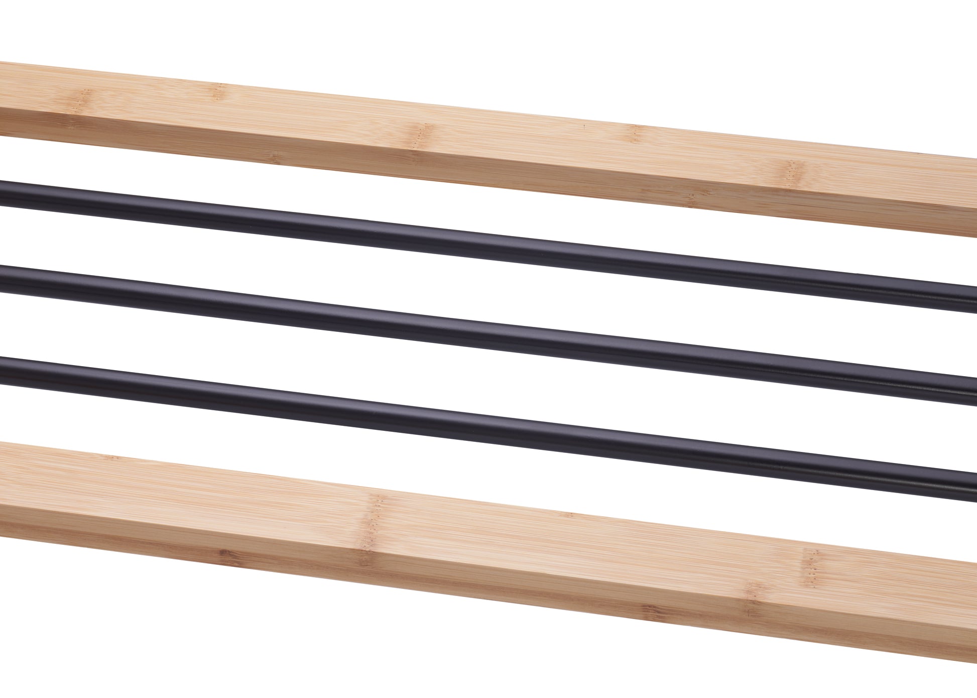 A close-up of a shoe rack made from light-colored bamboo wood and three black metal bars. The wood has a noticeable grain and the metal bars are evenly spaced.
