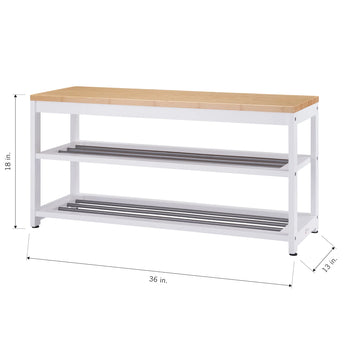 A white shoe rack bench with a light brown bamboo top. It features two shelves with gray metal rails for storing shoes, and has the dimensions 36 inches wide, 18 inches high, and 13 inches deep.