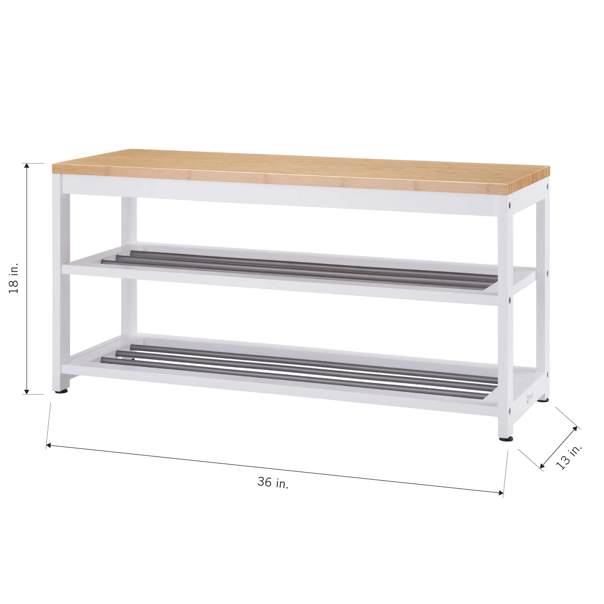 A white shoe rack bench with a light brown bamboo top. It features two shelves with gray metal rails for storing shoes, and has the dimensions 36 inches wide, 18 inches high, and 13 inches deep.