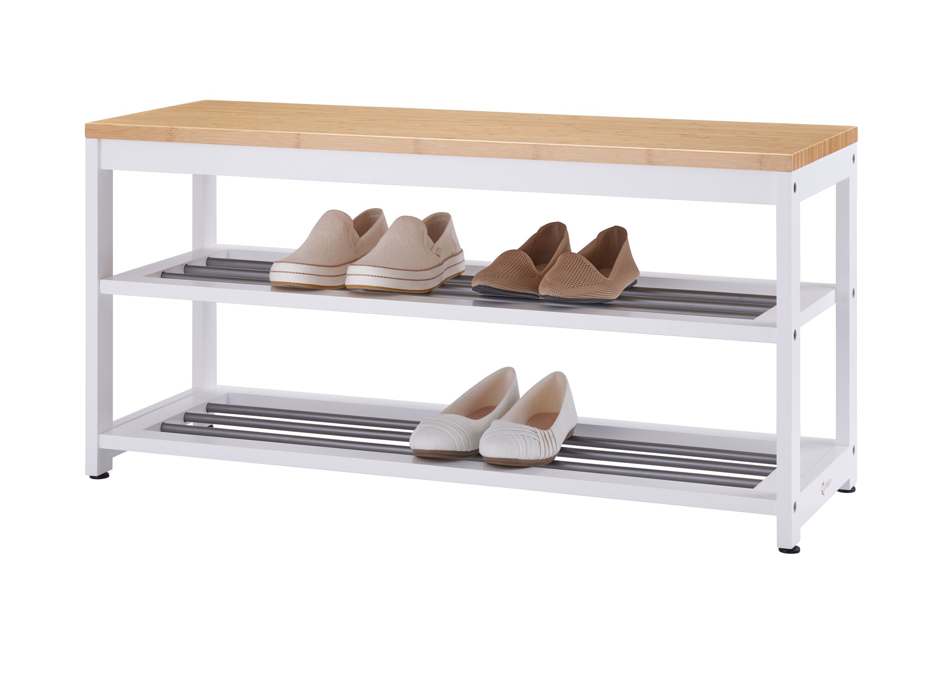 A white three-tier shoe rack with a light wood top. Four pairs of shoes, including tan slip-ons and white and brown woven flats, are neatly stored on the two shelves.