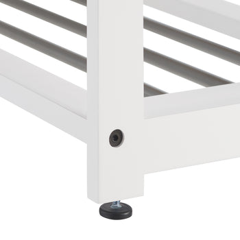 A close-up shot shows a white wooden furniture leg with a black adjustable foot. The leg has a recessed screw visible on its side, and the logo 