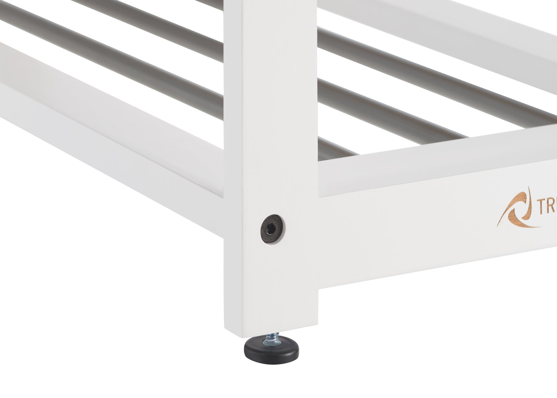 A close-up shot shows a white wooden furniture leg with a black adjustable foot. The leg has a recessed screw visible on its side, and the logo "TR" is partially visible in the background.