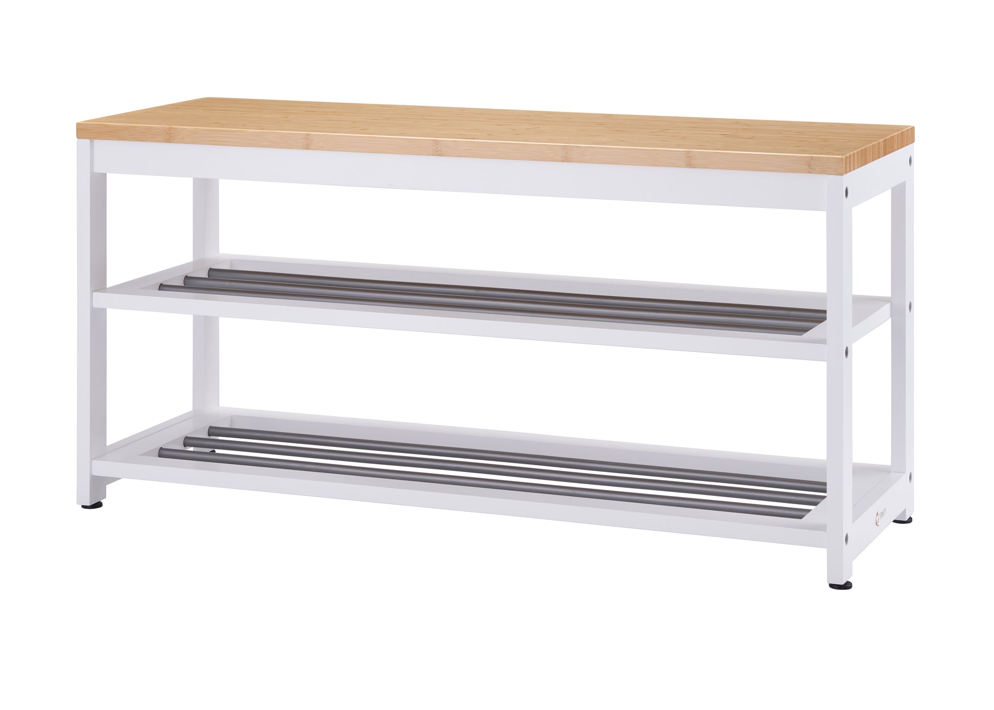 A long, rectangular bench with a natural wood top and white frame. It has two lower shelves with metal rods for shoe storage.