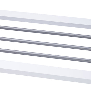 A white object with three horizontal metal rods running through its center. The rods appear to be shiny and metallic, contrasting with the matte white surface of the object.