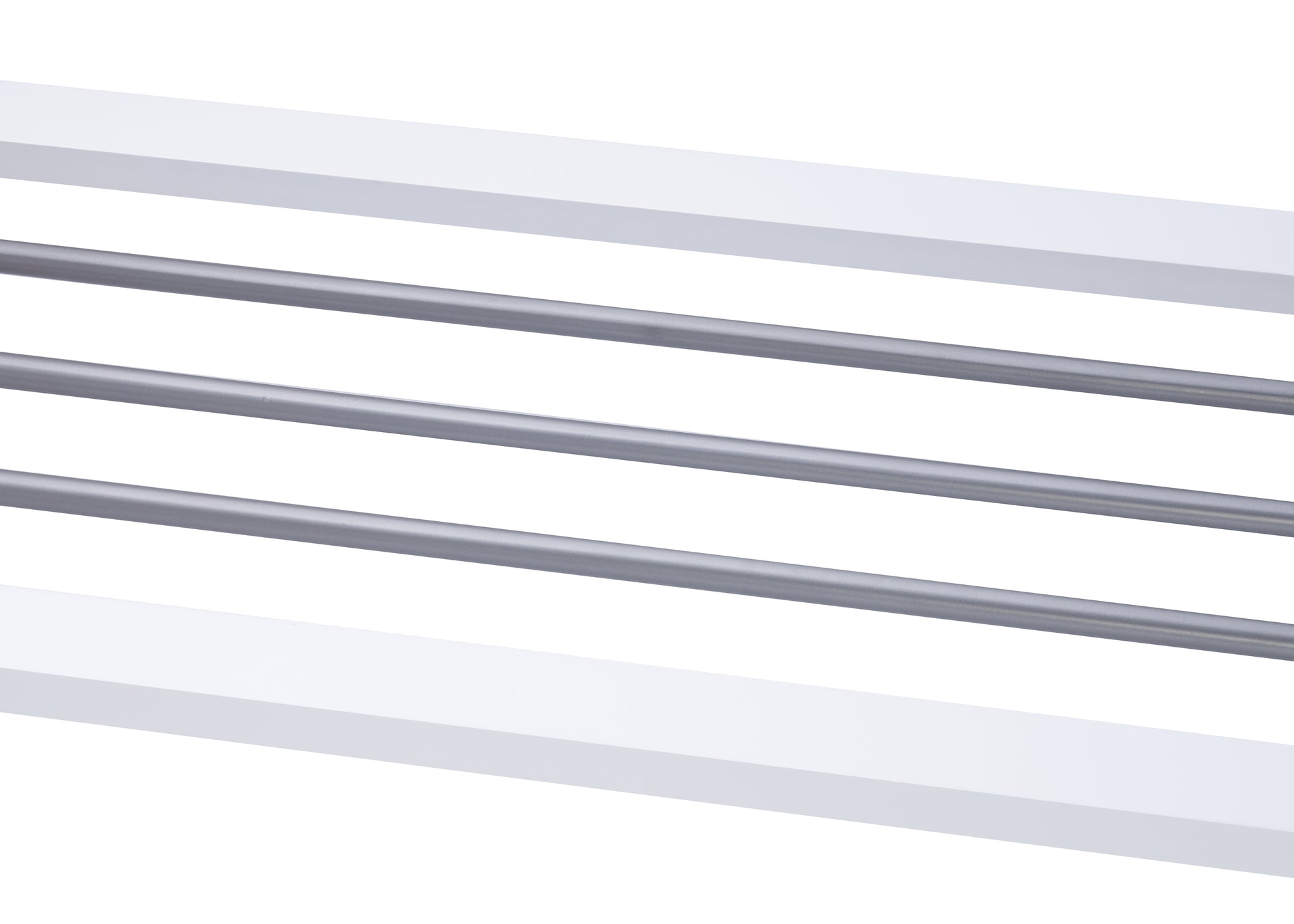 A white object with three horizontal metal rods running through its center. The rods appear to be shiny and metallic, contrasting with the matte white surface of the object.