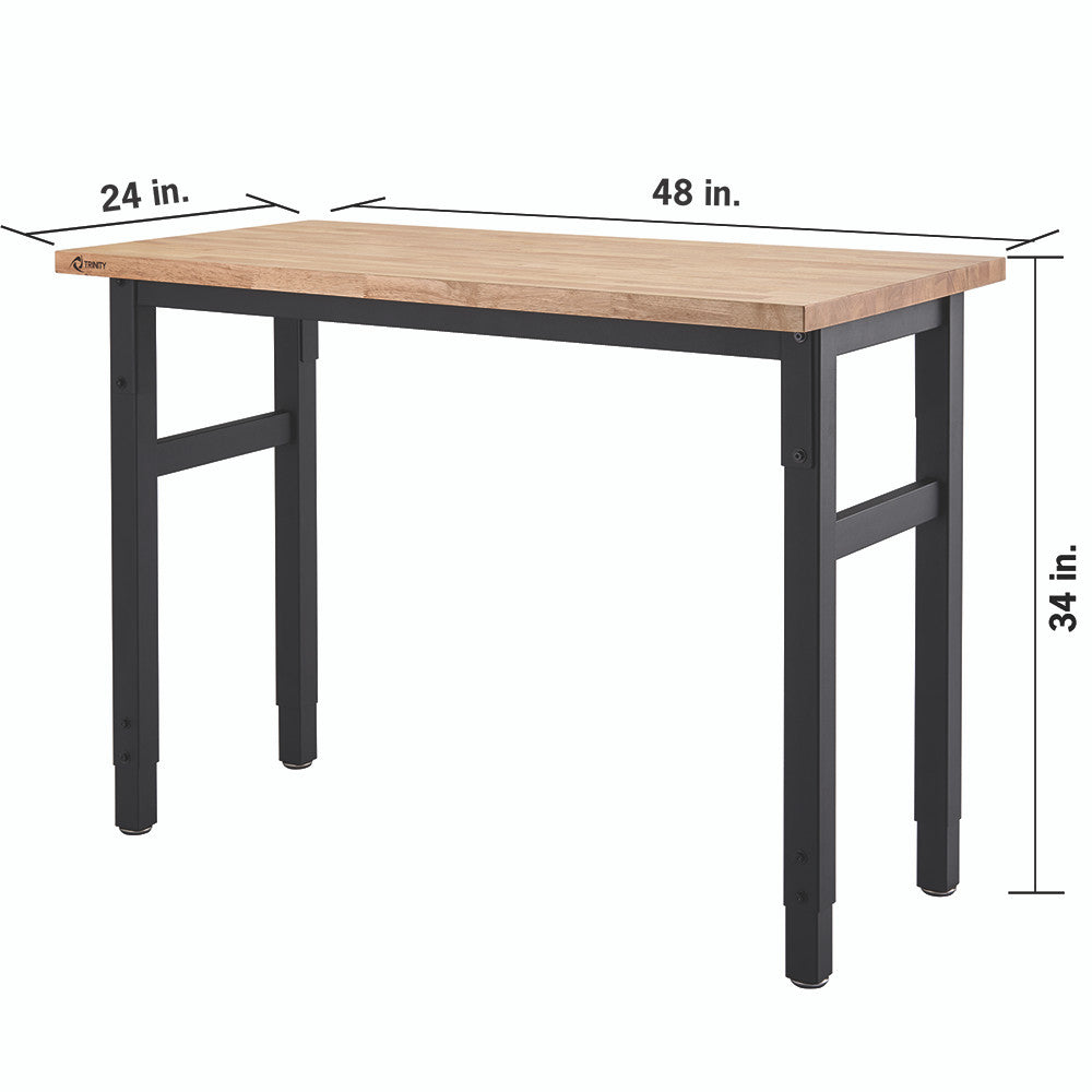 A work table with a light-colored wooden top and black metal legs is shown against a white background. Dimensions indicating the tabletop is 48 inches wide and 24 inches deep, and the table's height is 34 inches are overlaid on the image.