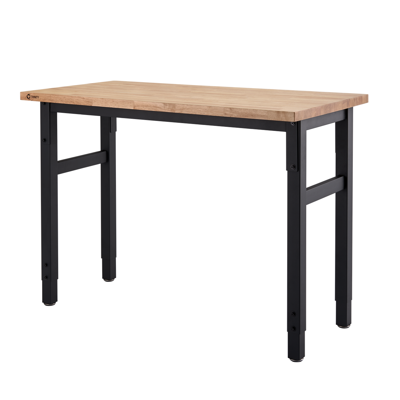 A workbench with a light-colored wooden top and black metal legs is shown against a dark, checkered background. The workbench has a simple, sturdy design suitable for various tasks.