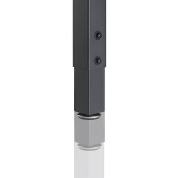A close-up shows a black, square metal table leg with adjustable height. Two black screws secure the lower, slightly translucent section of the leg, which has a white, rounded foot resting on an unseen surface.