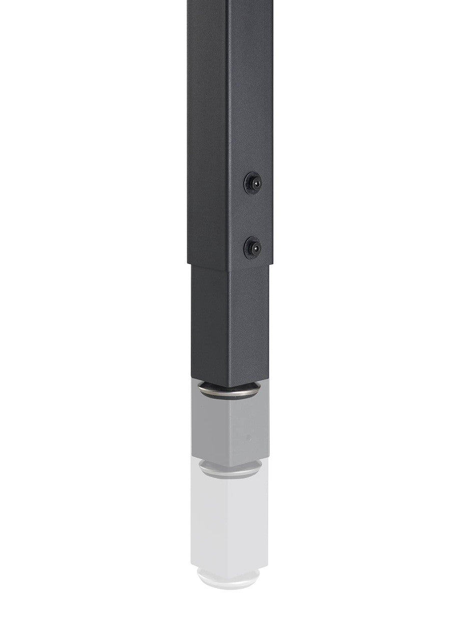 A close-up shows a black, square metal table leg with adjustable height. Two black screws secure the lower, slightly translucent section of the leg, which has a white, rounded foot resting on an unseen surface.