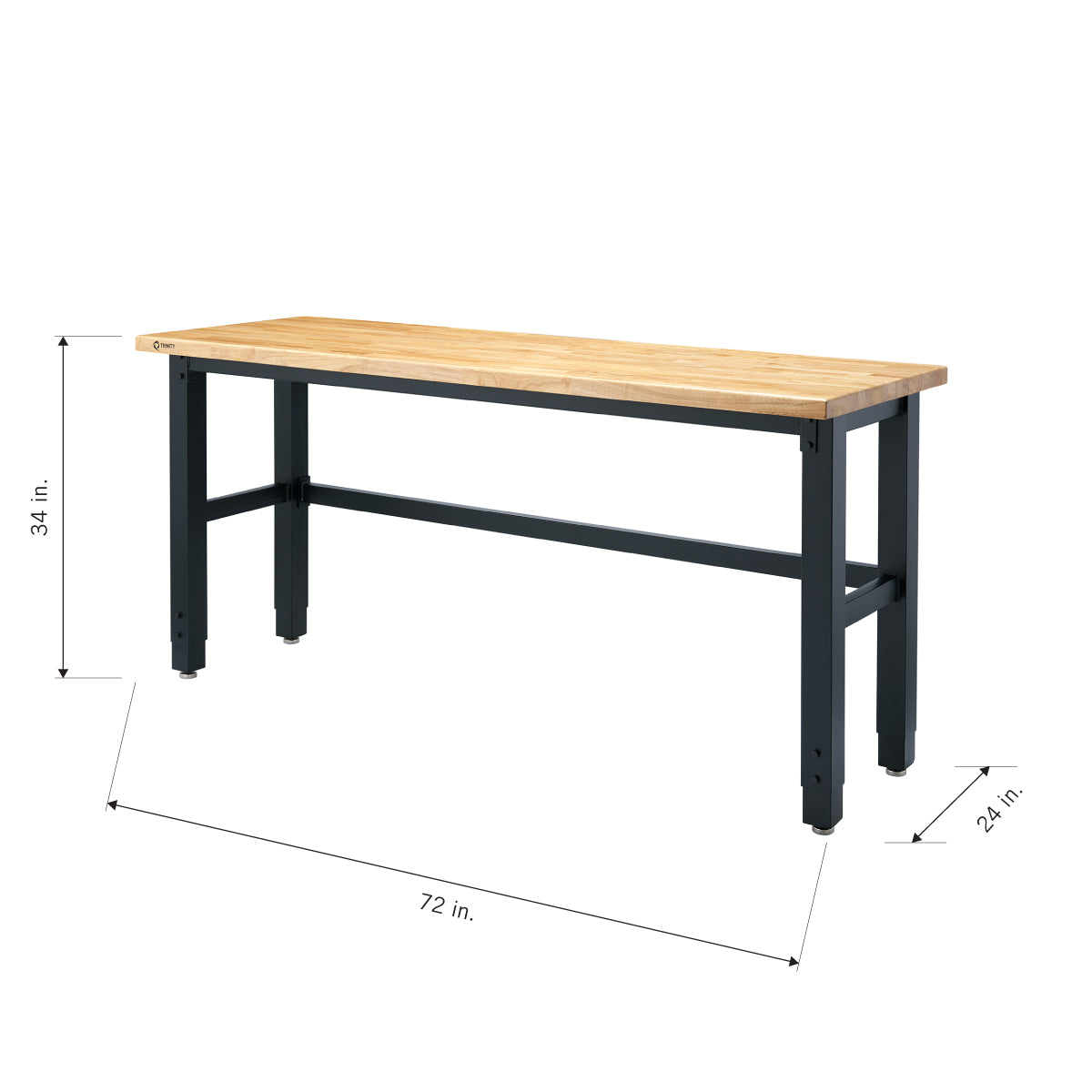 A black workbench with a light wood top is shown from a slightly elevated, angled perspective. Dimensions are indicated with arrows: 72 inches for length, 24 inches for width, and 34 inches for height.