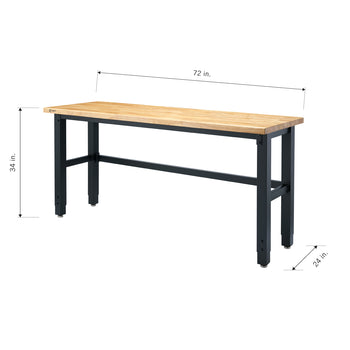 A black workbench with a light wood top is shown from a slightly elevated, angled perspective. Dimensions are indicated with arrows: 72 inches for length, 24 inches for width, and 34 inches for height.