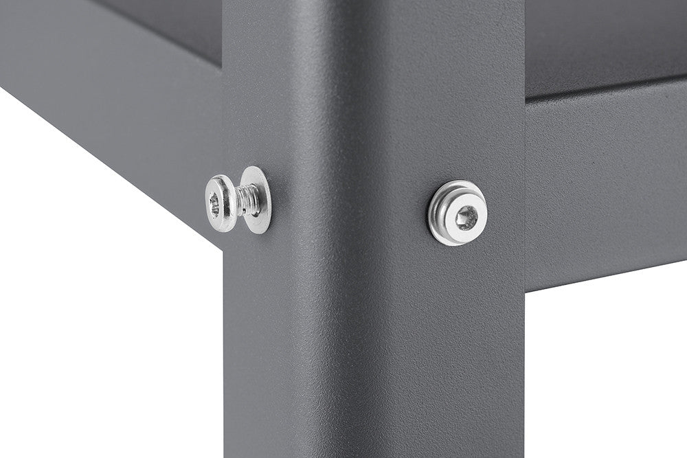 A close-up shot shows the leg of a gray metal kitchen cart, highlighting the two silver screws used for assembly. The screws are visible on the outside of the leg, one with a flat head and the other with a hex head.