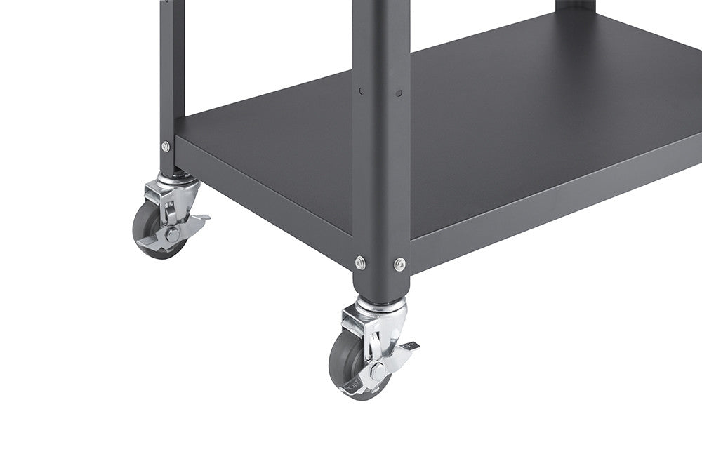 A close-up view of the bottom corner of a metal kitchen cart, highlighting two wheels with gray rubber tires and metal casters. The cart features a dark gray metal frame and shelf, with visible rivets connecting the legs.