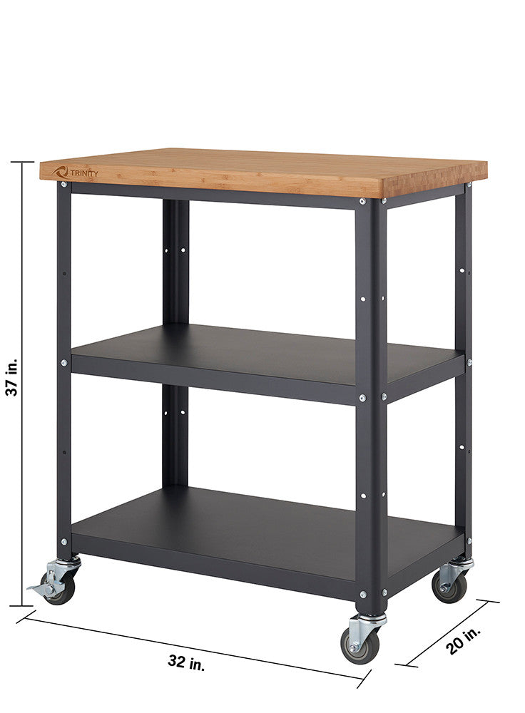 A metal and bamboo kitchen cart with dimensions labeled, featuring a light wood butcher block top, two dark gray metal shelves, and four caster wheels. The cart measures 32 inches wide, 20 inches deep, and 37 inches high.