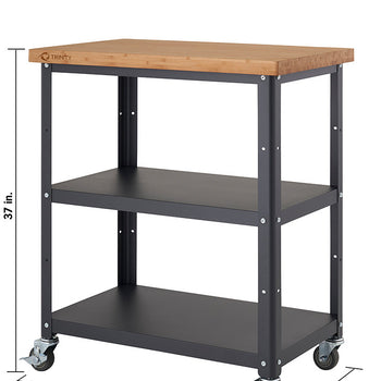 A metal and bamboo kitchen cart with dimensions labeled, featuring a light wood butcher block top, two dark gray metal shelves, and four caster wheels. The cart measures 32 inches wide, 20 inches deep, and 37 inches high.