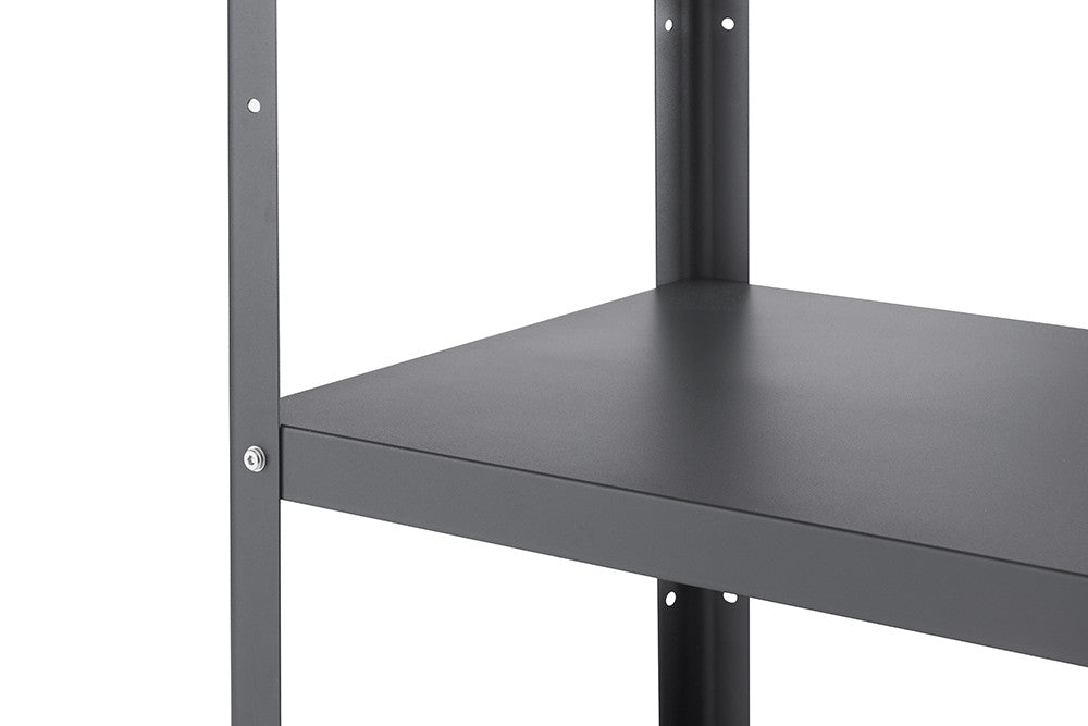 A close-up shot of a dark gray metal shelf, focusing on the corner where the shelf meets the vertical support. The shelf is flat and smooth, with a visible thickness, while the support has a circular hole near the top.