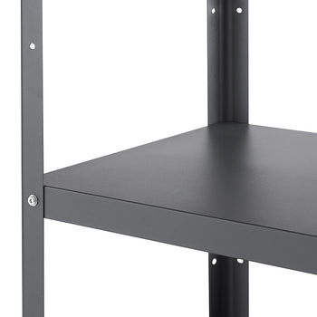 A close-up shot of a dark gray metal shelf, focusing on the corner where the shelf meets the vertical support. The shelf is flat and smooth, with a visible thickness, while the support has a circular hole near the top.