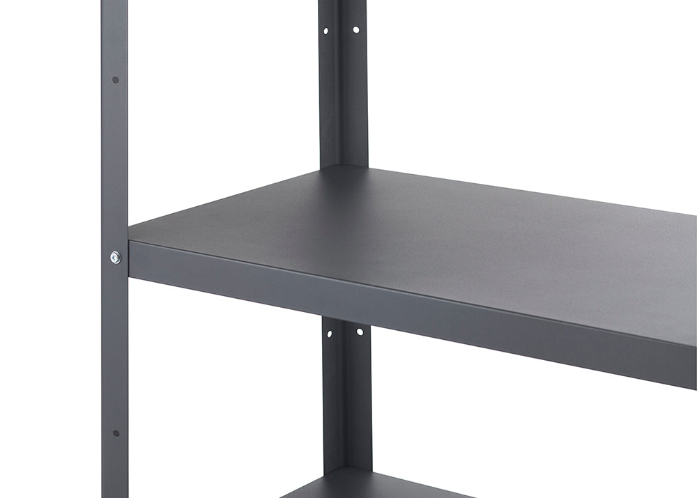 A close-up shot shows the corner of a dark gray metal shelving unit with three visible shelves. The shelves are empty, and the focus is on the sturdy construction of the unit, including the vertical supports and the flat, horizontal shelves.