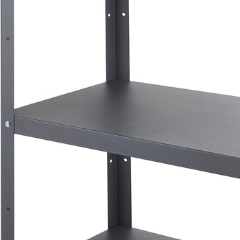 A close-up shot shows the corner of a dark gray metal shelving unit with three visible shelves. The shelves are empty, and the focus is on the sturdy construction of the unit, including the vertical supports and the flat, horizontal shelves.