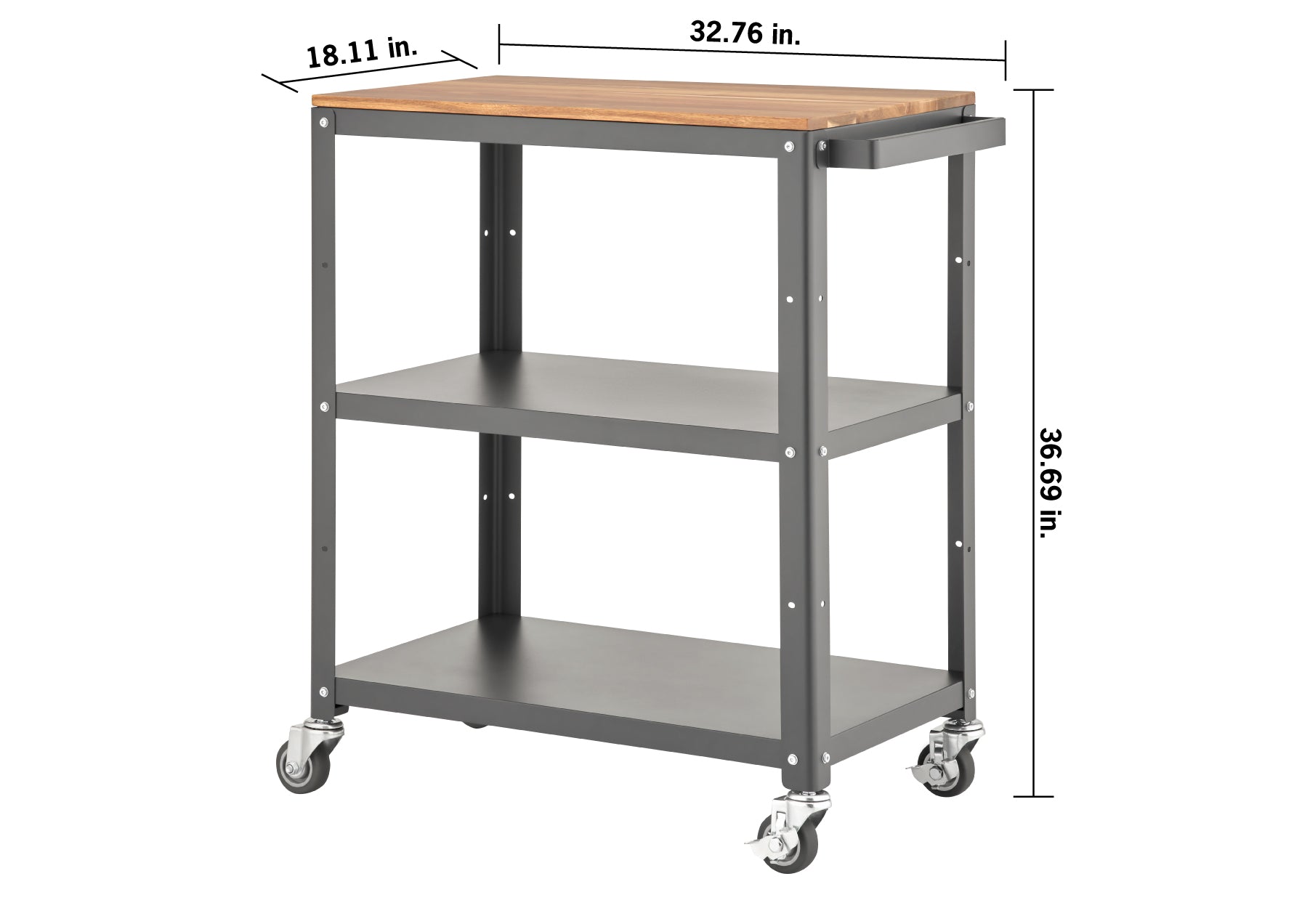 A three-tier rolling utility cart features a wooden countertop and two black metal shelves supported by a dark gray frame on casters. The image includes dimension labels indicating a width of 32.76 in., a depth of 18.11 in., and a height of 36.69 in.