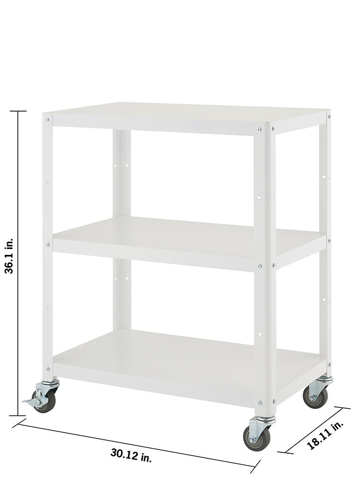 A white, three-tiered metal utility cart with wheels is shown against a white background.  The cart's dimensions are marked with arrows: 36.1 inches tall, 30.12 inches wide, and 18.11 inches deep.