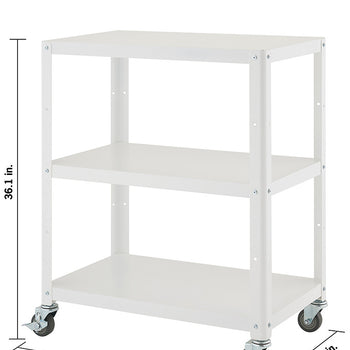 A white, three-tiered metal utility cart with wheels is shown against a white background.  The cart's dimensions are marked with arrows: 36.1 inches tall, 30.12 inches wide, and 18.11 inches deep.