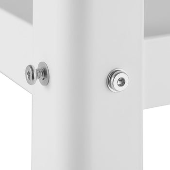 A close-up shot of a white metal furniture leg, showing two silver-toned bolts securing a horizontal surface to the leg. The bolts have a round head with a recessed hexagonal socket.