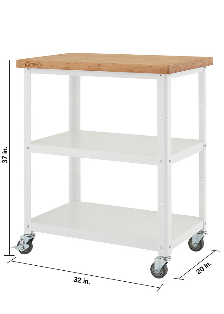 A white metal kitchen cart with a light wood butcher block top and two white shelves. The cart has four caster wheels and dimensions labeled: 32 inches wide, 20 inches deep, and 37 inches high.