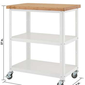 A white metal kitchen cart with a light wood butcher block top and two white shelves. The cart has four caster wheels and dimensions labeled: 32 inches wide, 20 inches deep, and 37 inches high.
