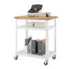 A white metal utility cart with a light wood butcher block top is shown on a white background. The cart has two shelves and is holding a printer, boxes, and file folders.