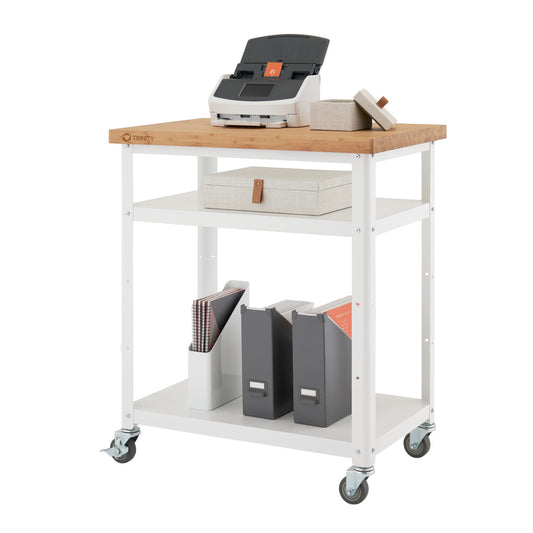 A white metal utility cart with a light wood butcher block top is shown on a white background. The cart has two shelves and is holding a printer, boxes, and file folders.