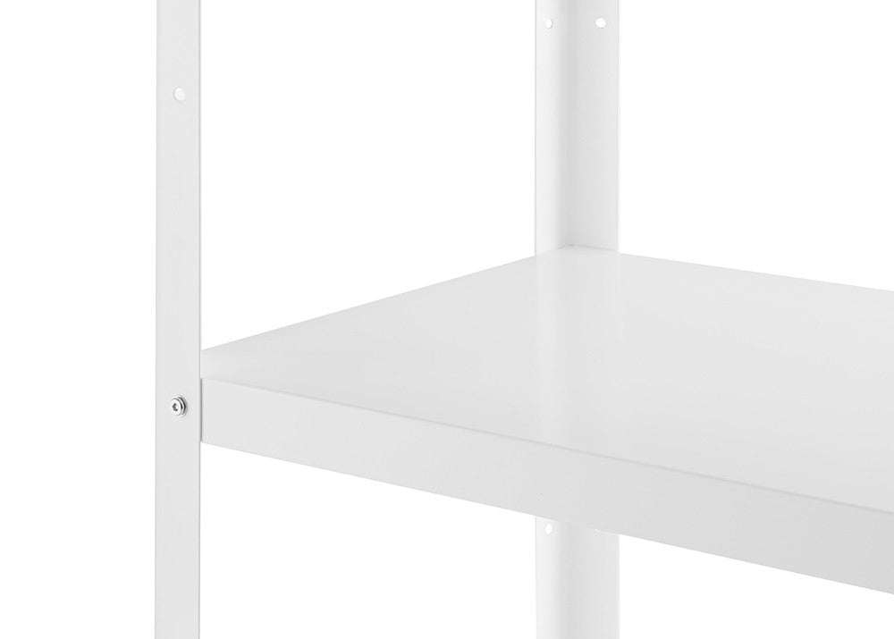 A close-up view of a white metal shelf with a smooth, flat surface. The shelf is attached to a vertical support with visible screw holes.