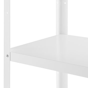 A close-up view of a white metal shelf with a smooth, flat surface. The shelf is attached to a vertical support with visible screw holes.