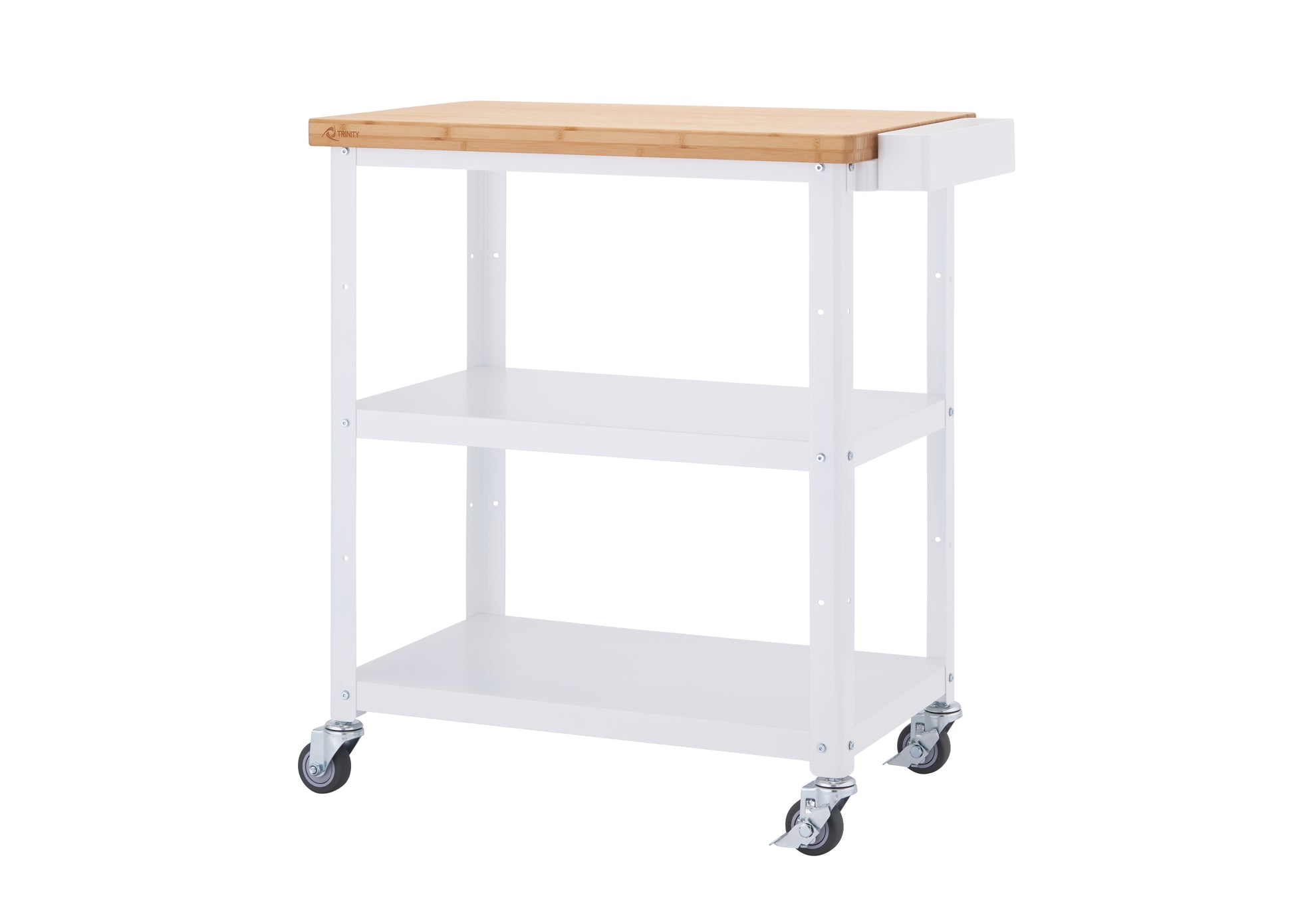 A white kitchen cart with a light brown wooden top stands on four wheels. The cart has two white shelves below the wooden top, and a small, narrow extension on the right side of the wooden top.