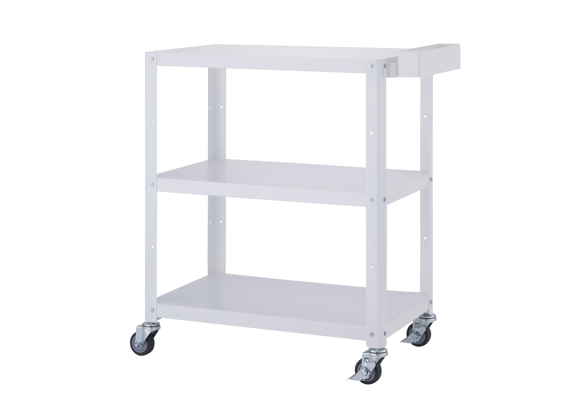 A white, three-tier metal utility cart with wheels is shown without its wood top. The cart has a handle on the right side and appears to be empty.
