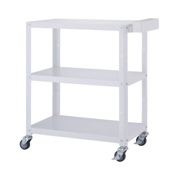 A white, three-tier metal utility cart with wheels is shown without its wood top. The cart has a handle on the right side and appears to be empty.