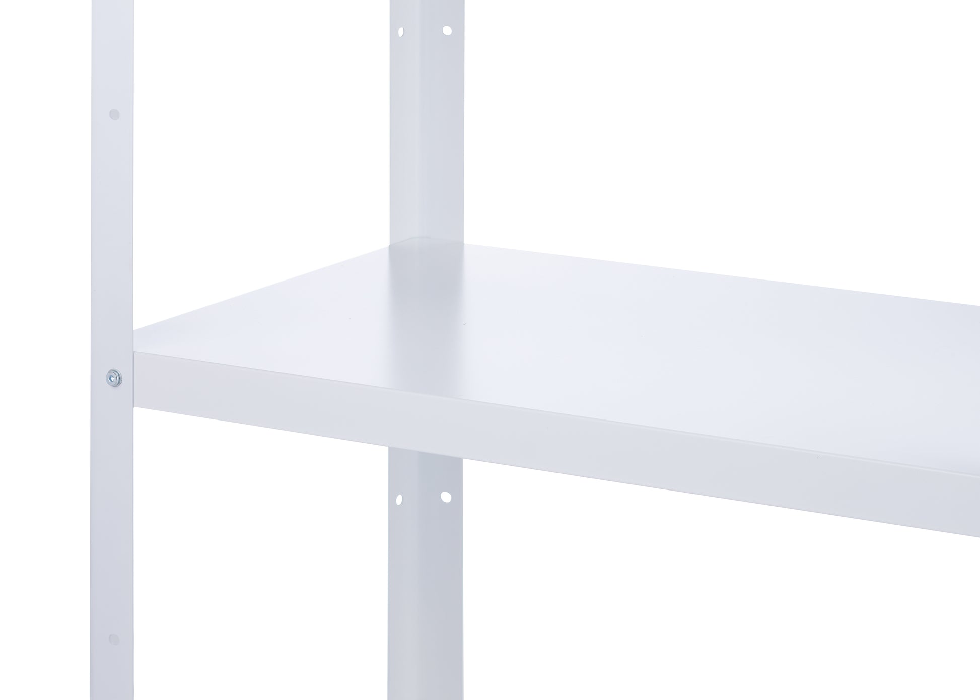 A close-up shot shows a white metal shelving unit with one shelf visible. The shelf is smooth and clean, with a slight sheen, suggesting it is made of painted metal.