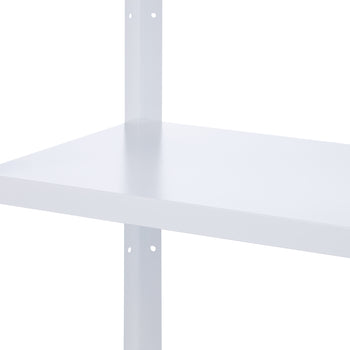 A close-up shot shows a white metal shelving unit with one shelf visible. The shelf is smooth and clean, with a slight sheen, suggesting it is made of painted metal.