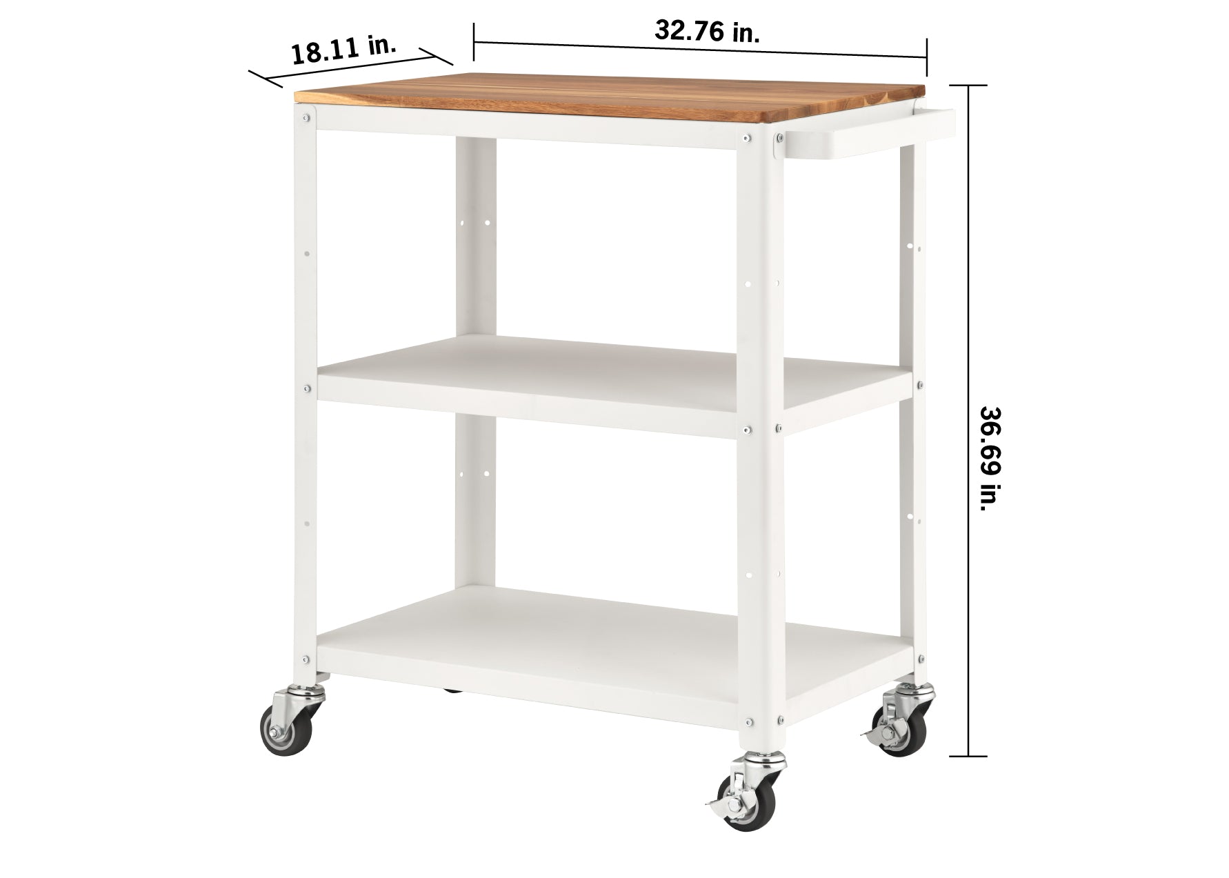 A three-tier white rolling kitchen cart with a wooden countertop and four casters. The image includes dimension labels indicating a height of 36.69 inches, a width of 32.76 inches, and a depth of 18.11 inches.