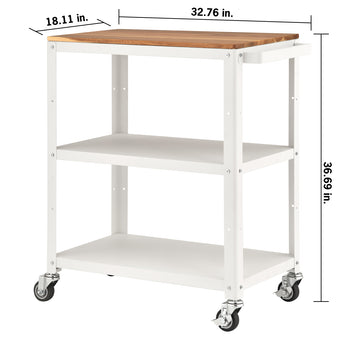 A three-tier white rolling kitchen cart with a wooden countertop and four casters. The image includes dimension labels indicating a height of 36.69 inches, a width of 32.76 inches, and a depth of 18.11 inches.