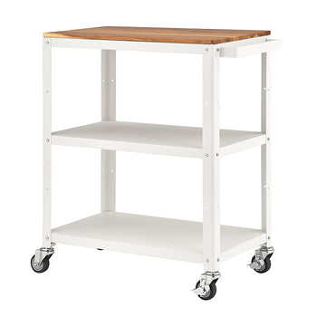 A white, three-tiered utility cart on wheels with a natural wood top surface. The metal cart features two white shelves and a handle, designed for storage and easy transport.